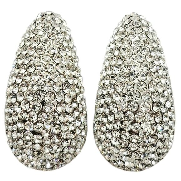 Jarin Silver Tone Clear Rhinestone Pave Clip On Earrings Teardrop Style, Signed - Picture 11 of 11